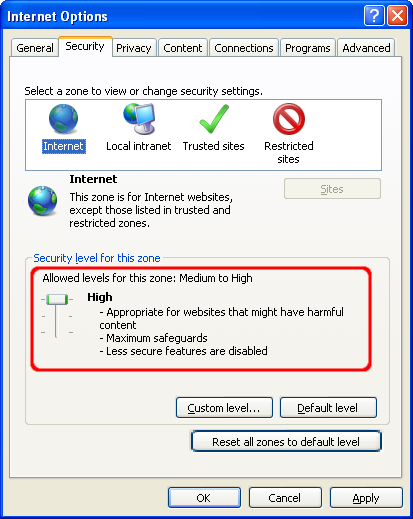 IE Internet Options Security